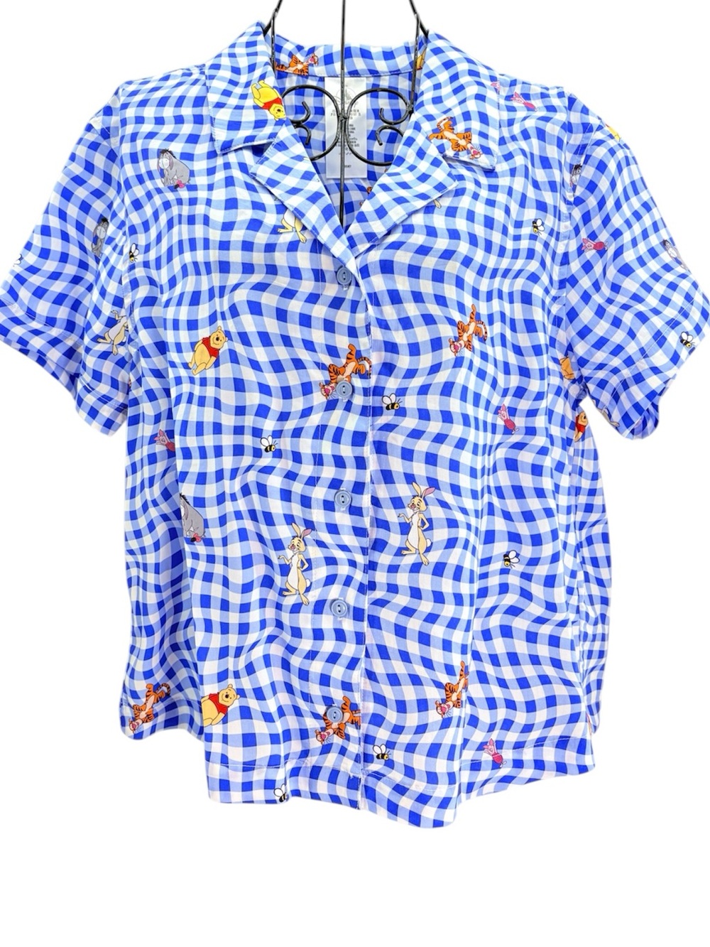 Disney Winnie the Pooh Tigger Eeyore Blue Wavy Gingham Cropped Blouse Size M